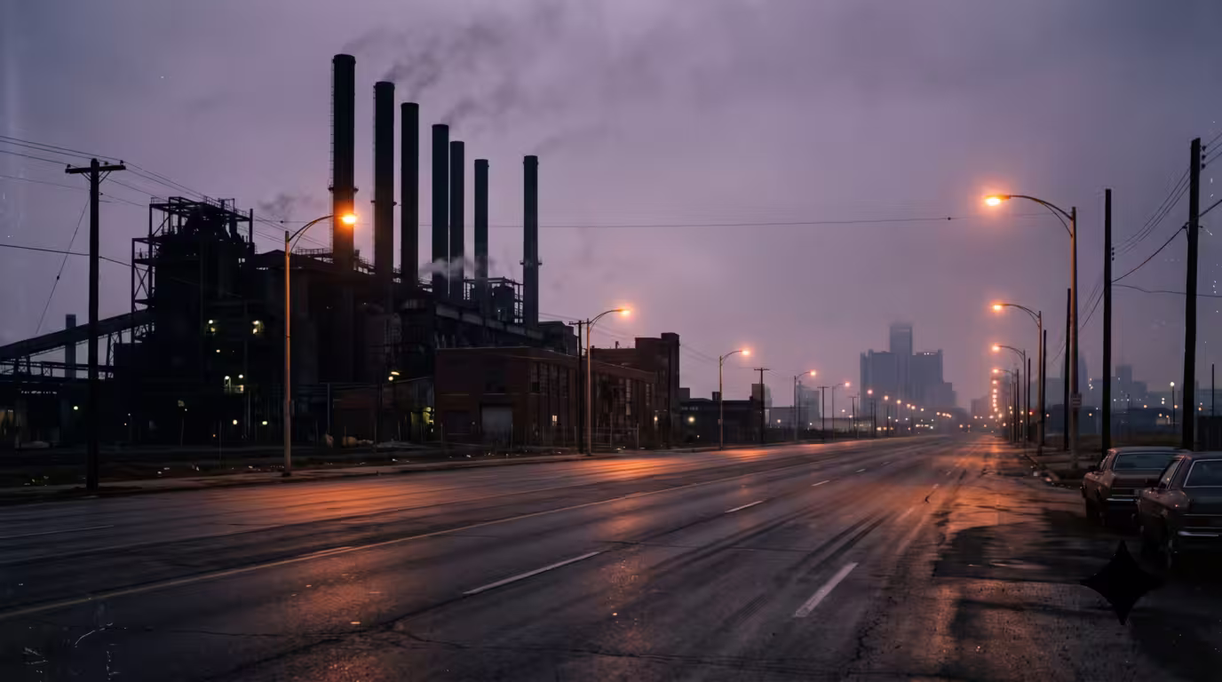 Detroit post-industrial skyline and factory smokestacks at dusk