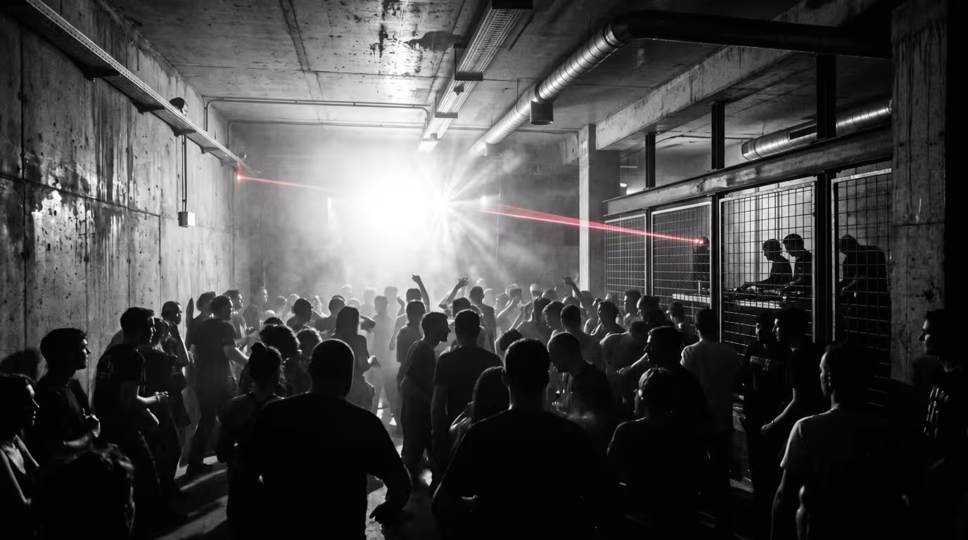 Dancers silhouetted in fog and red light inside a raw concrete Berlin techno club
