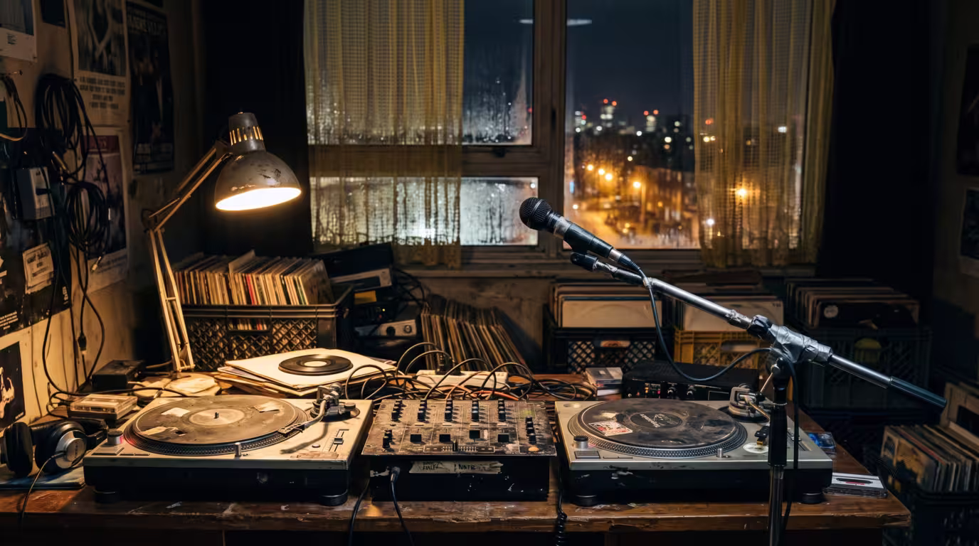 A makeshift pirate-radio studio with turntables, mixer and microphone in a council-flat bedroom