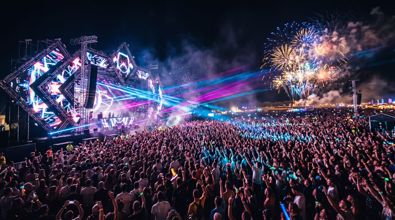 A huge nighttime festival crowd facing a laser-lit main stage at a drum and bass event