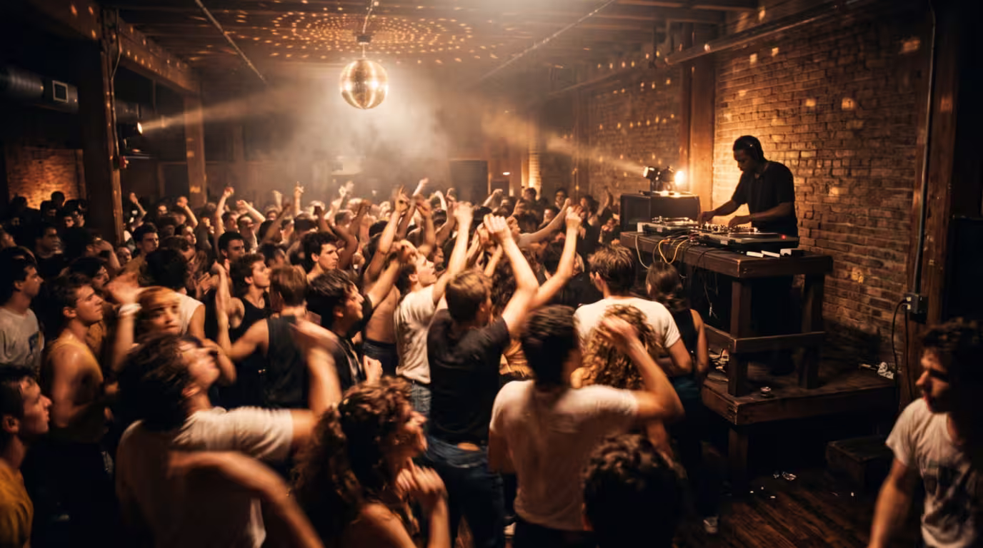 A packed mid-1980s Chicago warehouse club with dancers and a DJ in silhouette