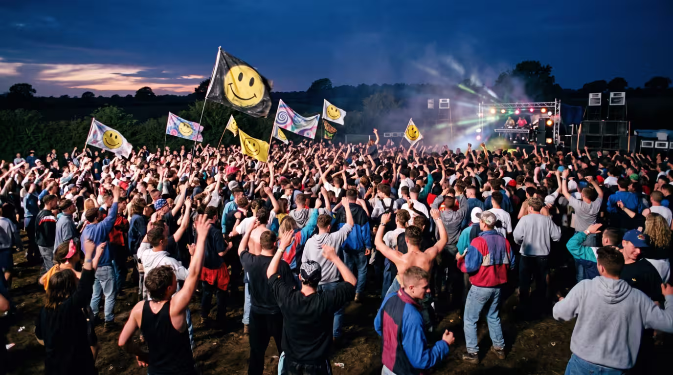 A late-1980s British open-air rave at dusk with a crowd and smiley-face banners