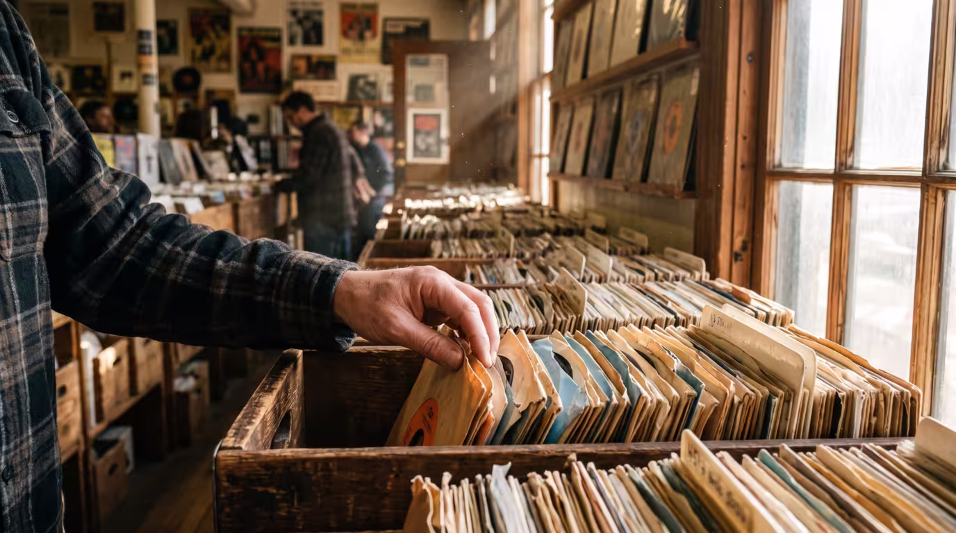 Crates of vinyl records in a record shop, a hand flipping through old funk and soul singles