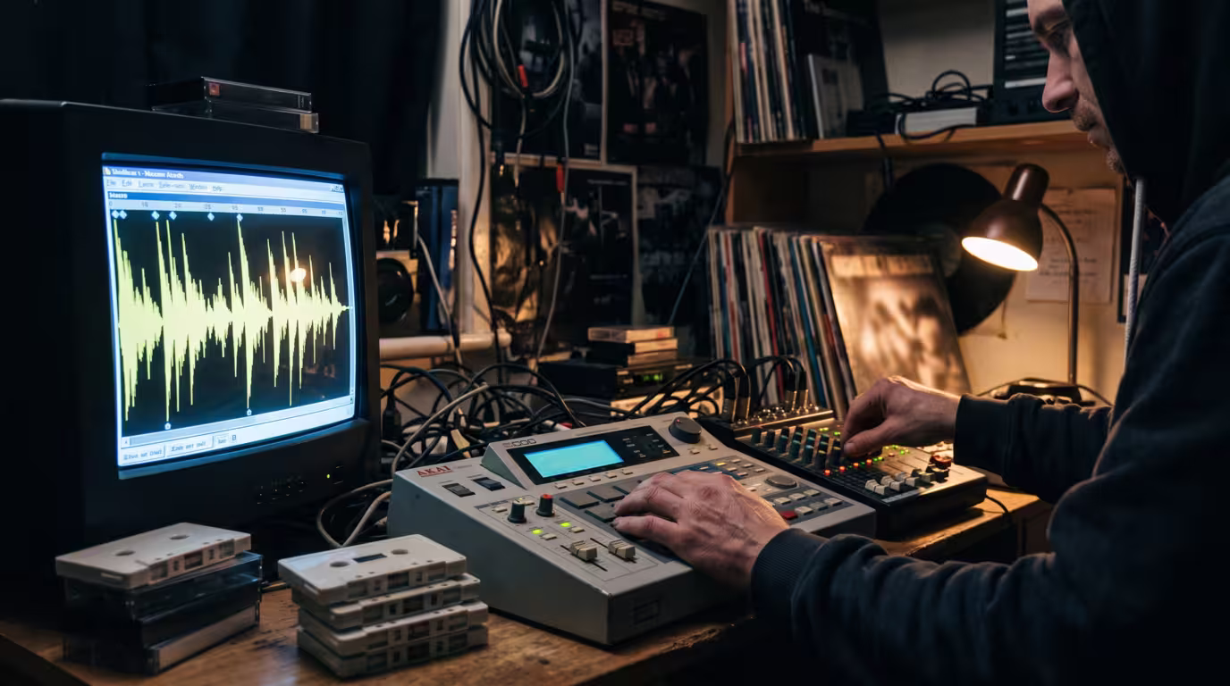 A 1990s bedroom studio with an Akai sampler, a mixer and a drum waveform on screen